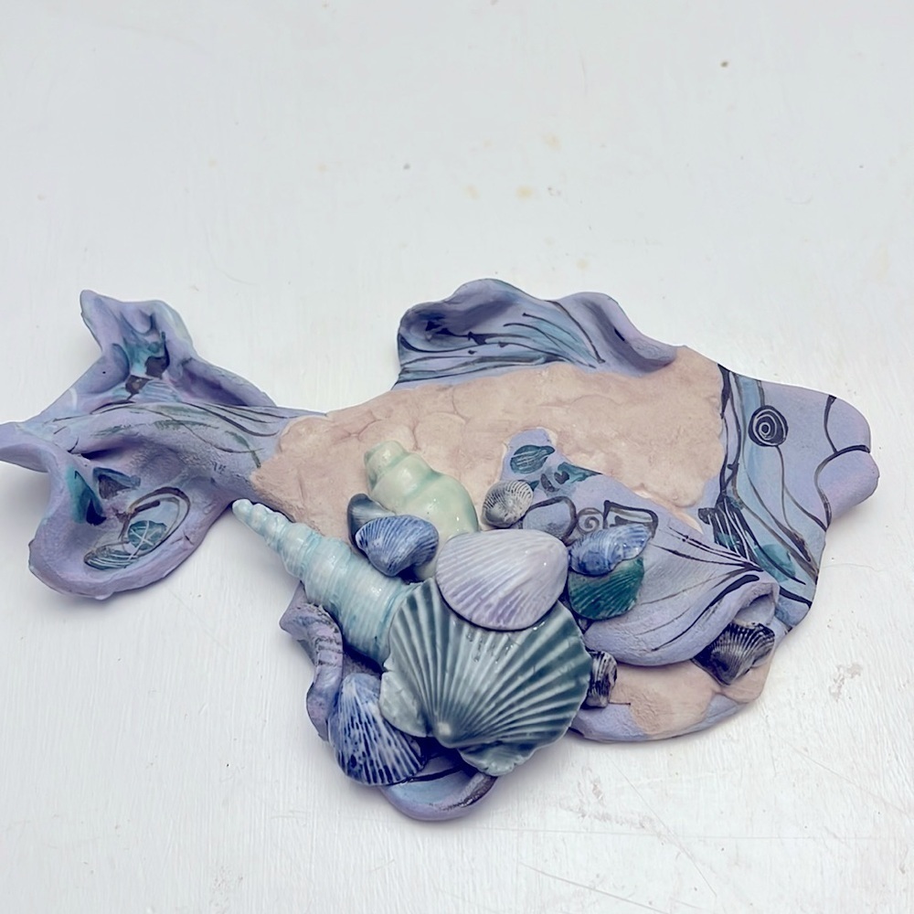 Handcrafted Artisan made Ceramic Pottery Fish with Shells signed Salamon